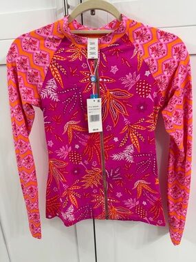 Bleu Rod Beattie Pink and Orange Floral Zip Rash Guard Coverup S
